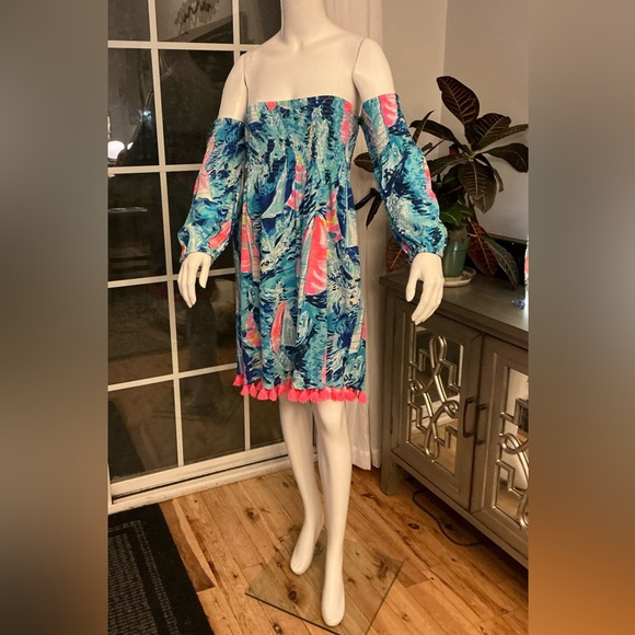 Lilly Pulitzer Trina Beach Mini Dress Tropical Print Pom Pom Detail Woman Large - Picture 4 of 15